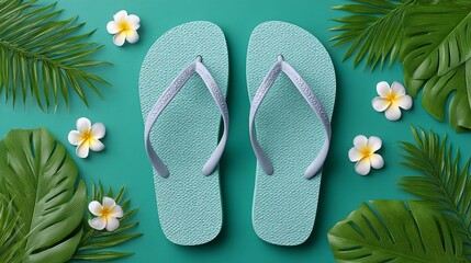 Casual summer travel tropical flip flops surrounded by palm leaves in a relaxed environment