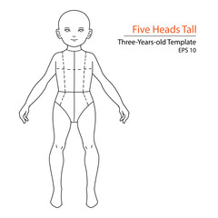 Vector fashion figure template of a three-year-old child, five heads tall, ideal for kidswear design, illustration, and technical drawing. Clean black outline on white background.