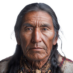Front view close-up of a Anishinaabe man from Canada isolated on a white transpatent background
