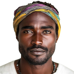 Front view close-up of a Bantu man from Africa isolated on a white transpatent background