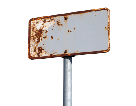 A gray rusted sign is sitting on a pole. PNG Image.