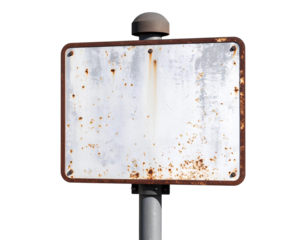 A gray rusted sign is sitting on a pole. PNG Image.