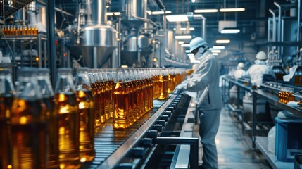 Fototapeta premium Factory industrial, A Beverage factory production line supervisor and employees working together on beverage production line in beverage factory, industrial background.