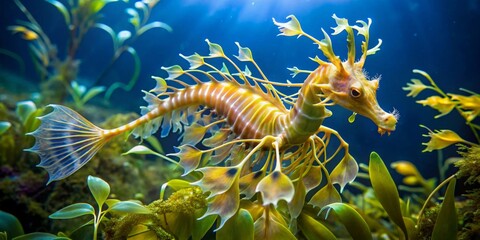 Leafy Seadragon gracefully swims amidst vibrant underwater flora, its delicate appendages mimicking aquatic vegetation in a mesmerizing dance of nature's artistry.
