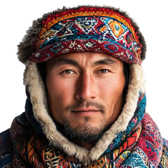 Front view close-up of a Buryat man from Russia isolated on a white transpatent background