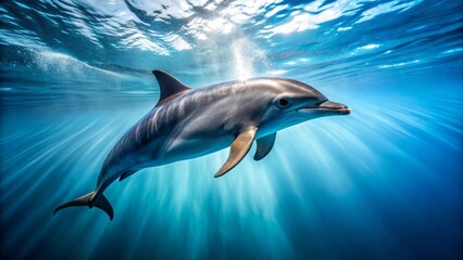 Fototapeta premium Graceful marine mammal swimming in vibrant ocean depths, sunlight beams illuminating its sleek form