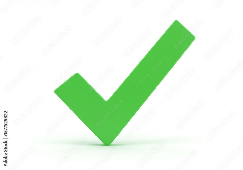 Poster bright green check mark symbol isolated on white background with subtle shadow