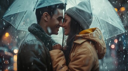 Man and woman enjoy relationship and happiness together in the rain in winter, romantic Asian couple love each other under umbrella on rainy day.