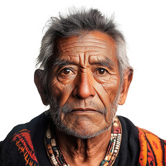 Front view close-up of a Guaraní man from Paraguay isolated on a white transpatent background
