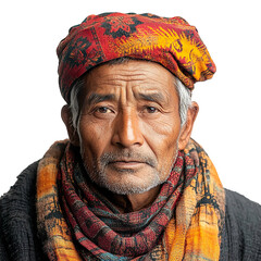 Front view close-up of a Gurung man from Nepal isolated on a white transparent background