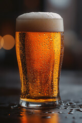 A clear glass mug filled with golden beer displays frothy foam on top. Tiny droplets cover its surface, reflecting light against a smooth gray backdrop, suggesting a casual drinking moment