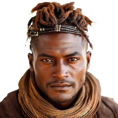 Front view close-up of a Himba man from Namibia isolated on a white transparent background