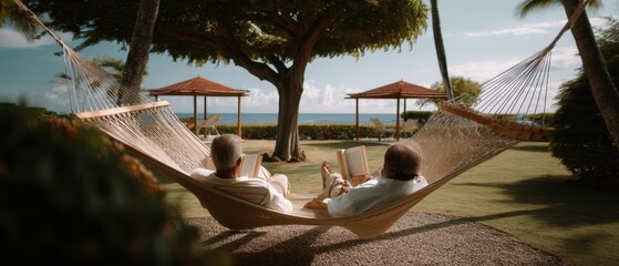 Elderly caucasian couple relaxing in hammock by the beach on a sunny day