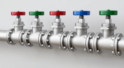 A row of silver water valves with red, blue, and green controls regulating the flow on a white background. Ultra-realistic photography.