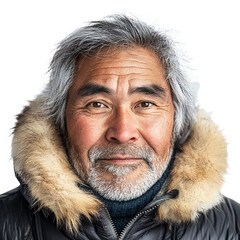 Front view close-up of a Inuit man from Canada isolated on a white transparent background