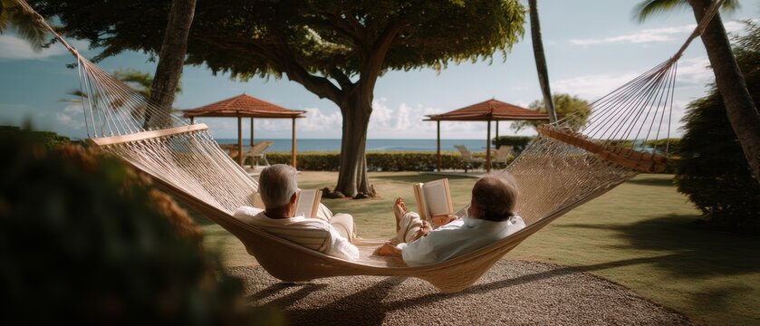 Elderly caucasian couple relaxing in hammock by the beach on a sunny day