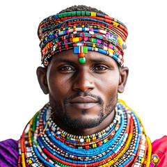 Front view close-up of a Kalenjin man from Kenya isolated on a white transparent background