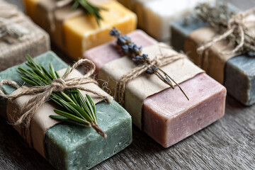 Flat lay of colorful handmade soaps wrapped in craft paper with natural herbs and twine, rustic wooden background, 