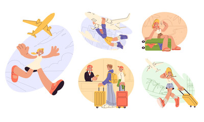 Obraz premium Tourist travel. Happy vacation. Family packing luggage for plane. Summer tourism journey. Character on airplane. People voyage. Traveler trip. Airport terminal. Air flight concept. Vector illustration