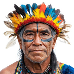 Front view close-up of a Kayapo man from Brazil isolated on a white transpatent background
