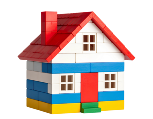 Colorful toy block house with red chimney on transparent background.