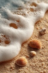 Foamy Waves and Shells on Sandy Beach, Nature Texture Macro