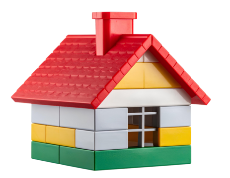 Colorful toy block house with red chimney on transparent background.