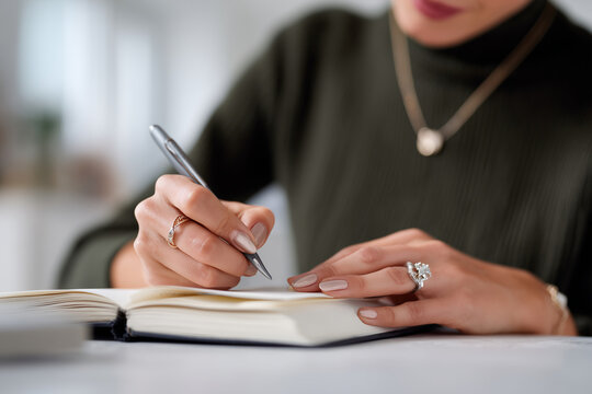 Jewelry designer sketching new collection in notebook, creative workspace,