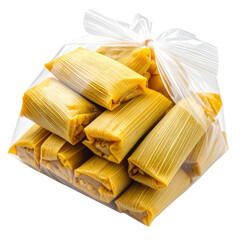 Golden yellow tamales in transparent bag food photography