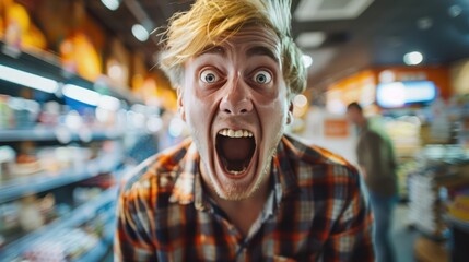 A young blonde celebrates the thrill of success with his crazy and surprised reaction to his small business's e-commerce victory.