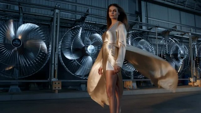 A woman stands in front of a wall of spinning industrial fans, her slit silk dress billowing around her in slow motion, her hair fluttering dramatically in all directions like a fashion hurricane