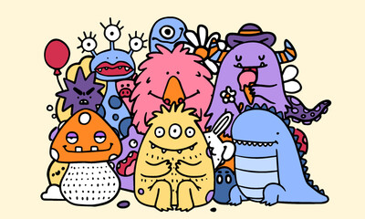 Monster doodle. Cartoon funny colorful party decorative prints. Child creature illustration. Baby Alien elements, beast with mouth. Style animal on holiday. Poster and print design. Vector background