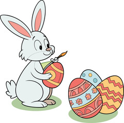 Adorable Easter Bunny Painting Colorful Decorated Eggs Cute Spring Cartoon Illustration for Holiday Greeting Cards Children’s Crafts Party Invitations and Seasonal Designs