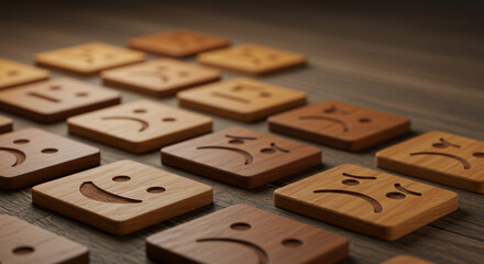 wooden emotion rating cube. Wooden blocks with negative emotion emojis representing dissatisfaction.