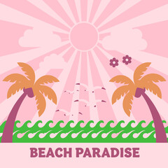 Naklejka premium Summer vibes artwork. Sunshine paradise graphic print design. Enjoy beach life. Palm tree with flower. Surf club design. Beach modern abstract art. Ocean abstract wave. Here come the sun.