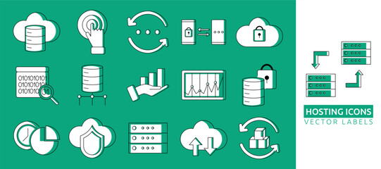 Big data line icons. Cloud storage. Analysis database. Communication pictograms. Tech symbols for mobile interface. Business server network chart. Web hosting technology. Vector garish UI signs set