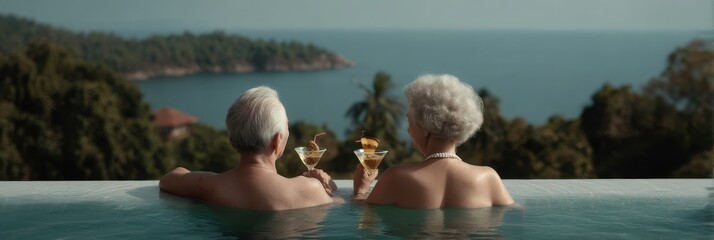 Elderly caucasian couple relaxing in pool with cocktails enjoying scenic ocean view