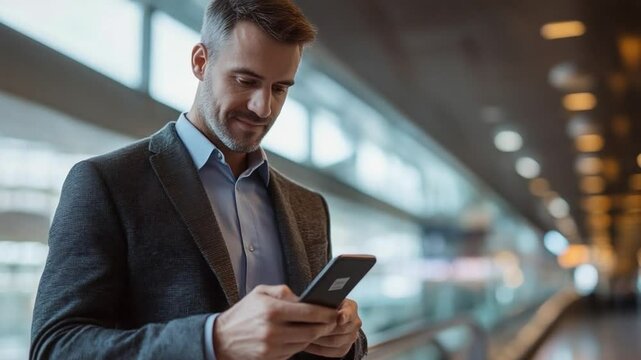 Smart Professional in Modern Office: A well-groomed professional, absorbed in his smartphone within a sleek, contemporary office environment, exudes confidence and effortless efficiency.