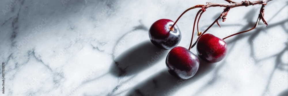 Poster close-up view of cherry stem shadows on marble surface with minimal color details and upper space cr