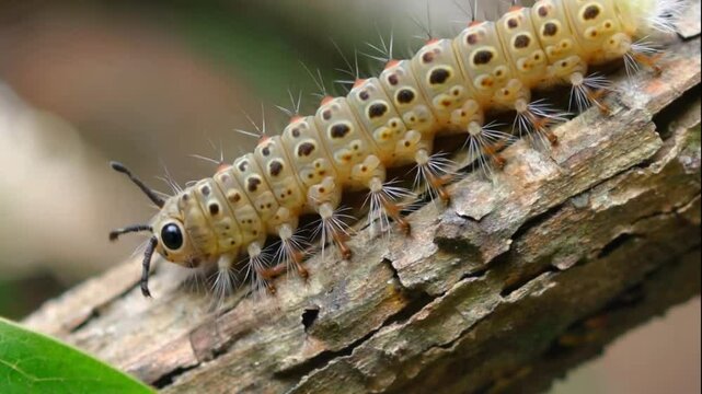 Close up of a pale yellow caterpillar with black spots crawling on a textured tree branch outdoors