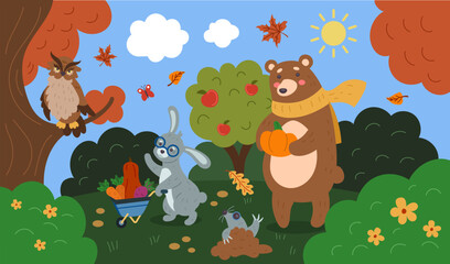 Cute autumn background. Animals with fall harvest. Cozy nature. Cartoon landscape. Bear with pumpkin. Rabbit carrying vegetables. Owl on tree branch. Happy kid characters. Vector season tidy holiday