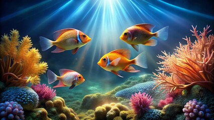 Obraz premium Vibrant Reef Scene Featuring Four Colorful Fish Swimming Gracefully Amidst Lush Coral and Underwater Plants, Bathed in Sunbeams