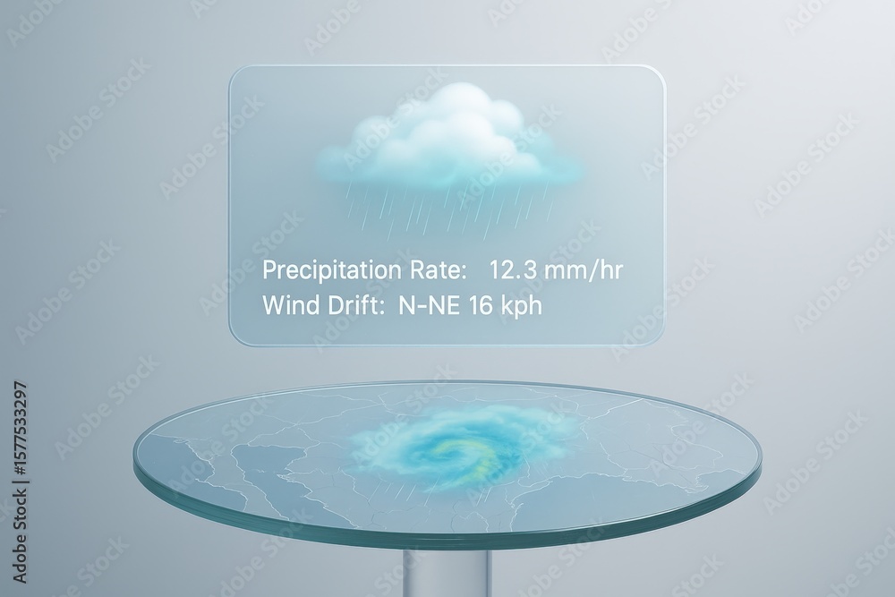 Aufkleber digital forecast displays a cloud with rain and a hurricane depicted on a transparent screen interfa