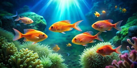 Obraz premium Vibrant orange fish swim gracefully amidst lush underwater flora, creating a serene and captivating aquatic scene.