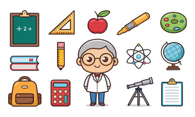Back to school cartoon vector illustration set with school icons featuring kids, people, computer, and business concepts