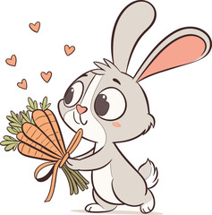 Adorable Easter Bunny Giving Carrot Bouquet with Hearts – Cute Cartoon Illustration for Spring Holiday, Kids Greeting Cards, Nursery Decor, Love, and Festive Seasonal Designs