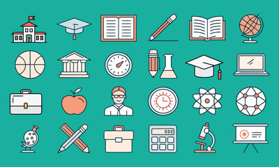 School and education icon set vector collection with book pencil computer and office symbols flat design illustration