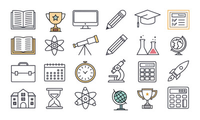school and education icons set vector illustration with book computer pen and doodle symbols
