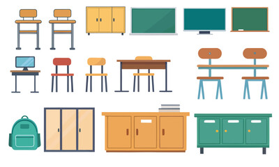 Set of cartoon furniture icons for home office and interior design