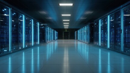 Dark server room, lit by blue LEDs